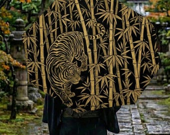 Japanese Golden Tiger Umbrella, Bamboo Forest Art, Wild Tora Animal Gift, Strength Symbol, Traditional Ink Wash Style, Unique Mens Rain Gear