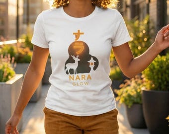 Nara Glow T-shirt | Neon Japan-serie | Japans hertenlantaarnontwerp | Cyberpunk Neon Japan-T-shirt | Minimalistisch streetwear-cadeau