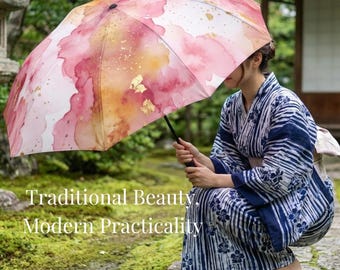 Japanse paraplu met roze gouden waterverfmotief | Opvouwbare kunstparaplu | Elegant ontwerp met bladgoud | Luxe cadeau voor haar | Moderne Japanse stijl
