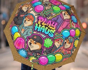 Cyberpunk Shiba Inu Umbrella with Dango and Ramen - Play Haus Street Art Design for Men Women, Japanese Pop Culture Gift, Semi-Automatic