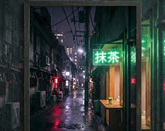 Japanse neon Matcha-reclame muurdecoratie | Regenachtige straatposter in Tokio | Cyberpunk nachtfotografie | Groene neondecoratie | Digitale kunstprint | Japan