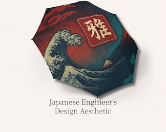 Rode Japanse paraplu, Ukiyo-e Wave Fuji-kunst, Sakura-bloemmotief, gedurfde anime-esthetiek, uniek Aziatisch kunstcadeau