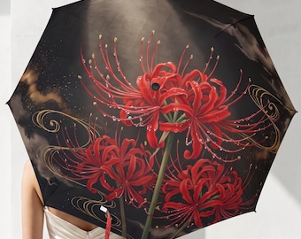 Red Spider Lily Japanese Art Umbrella, Gothic Higanbana Aesthetic Foldable Parasol, Unique Floral Gift for Japan Lovers