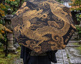 Japanese Dragon Umbrella Black and Gold, Cyberpunk Techwear Kanji Art, Waterproof Travel Umbrella Gothic Gift