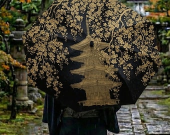 Japanese Golden Pagoda Umbrella, Sakura Cherry Blossom Art, Kyoto Temple Scenery, Historic Architecture Gift, Night Flower View, Zen
