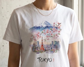Tokyo Mt Fuji T-Shirt | Japanese Watercolor Art Shirt | Cherry Blossom Sakura Tee | Japan Travel Souvenir | Tokyo Tower Graphic Shirt