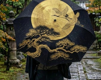 Japanese Golden Crane Umbrella, Pine Tree & Full Moon Art, Symbol of Longevity, Tsuru Bird Gift, Zen Nature Aesthetic, Wedding Present