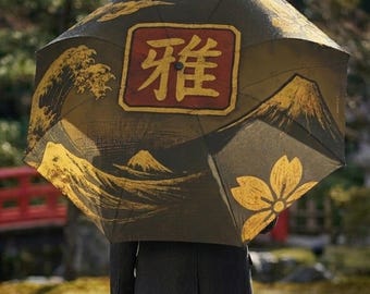 Luxury Japanese Gift, Gold Black Ukiyo-e Umbrella, Hokusai Wave Art, Fuji Sakura Design, High End Folding Umbrella