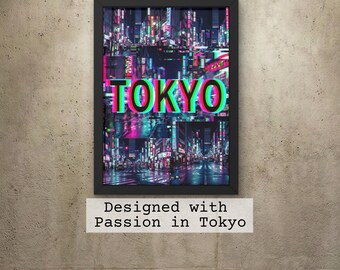 Tokyo Night Cityscape Print | Cyberpunk Glitch Art | Neon Tokyo Poster | Urban Wall Decor | Japanese Street Art | Digital Download