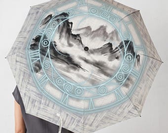 Japandi Cyberpunk Ink Wash Umbrella, Futuristic Geometric Travel Rain Gear with Roman Numeral Clock Design, Unique Japanese Art Gift