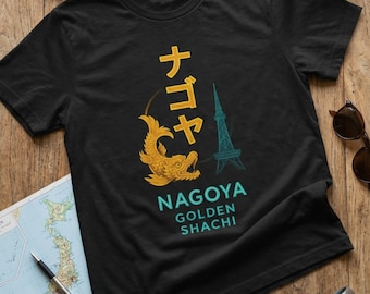 Nagoya Golden Shachi T-shirt | Neon Japan-serie | Japans stadsontwerp | Cyberpunk-streetwear | Japans cultureel cadeau