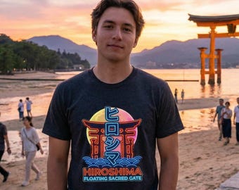 Hiroshima Japan T-shirt | Neon Torii Poort | Miyajima Drijvende Schrijn | Japanse Streetwear | Cyberpunk Synthwave T-shirt | Reiscadeau