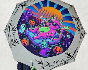 Cyberpunk Cat Halloween Umbrella, Neon Japandi Bamboo Parasol, Retro Synthwave Ghost Art Rainy Day Wear, Cute Spooky Tokyo Streetwear Gear