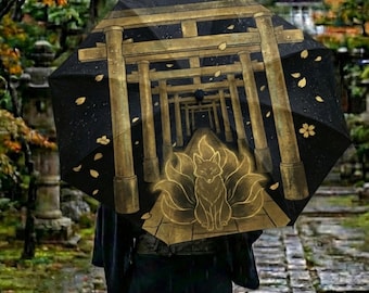 Japanese Nine-Tailed Fox Umbrella, Golden Torii Gate Art, Kitsune Mythology Gift, Mystical Sakura Rain Gear, Aesthetic Japan Folklore, Yokai