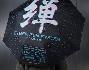 Cyberpunk Umbrella, Neon Japanese Streetwear, Futuristic Techwear Rain Gear, Glitch Art Design, Unique Gift for Gamer, Men's Folding Brolly