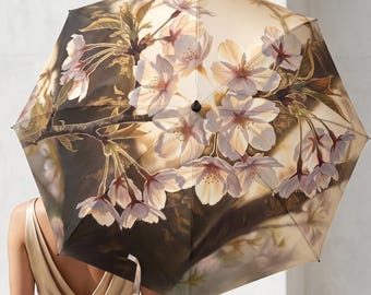 Japandi Sakura Umbrella, Cherry Blossom Art Parasol, Japanese Aesthetic Retro Floral Rain Gear, Vintage Gift