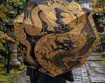Japanese Dragon Umbrella Gold Black Yin Yang Art, Large Foldable Rain Umbrella, Ryujin Ukiyo-e Wagara Parasol, Asian Gothic Aesthetic Gift