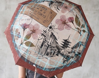 Cyberpunk Kyoto Umbrella with Retro Train Ticket and Cherry Blossom Graphic, Harajuku Streetwear Techwear Parasol by LittleFactoryPress