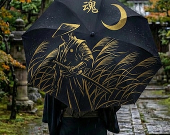 Japanese Samurai Umbrella, Bushido Soul Art, Golden Moon & Ronin Design, Kanji Tamashii Gift, Martial Arts Rain Gear, Warrior Spirit