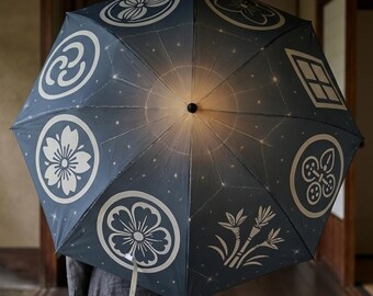 Japanese Galaxy Folding Umbrella | Celestial Kamon Family Crest Design | Midnight Blue Starry Night Constellation Art