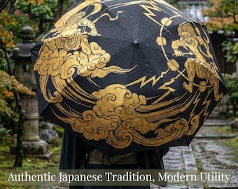 Japanse wind- en dondergodenparaplu, Fujin Raijin-kunst, gouden mythologiegeschenk, stormdecoratie, unieke regenkleding voor mannen, traditionele folklore