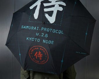 Samurai Kanji Umbrella, Cyberpunk Japanese Streetwear, Neon Techwear Rain Gear, Futuristic Circuit Design, Gamer Gift for Him