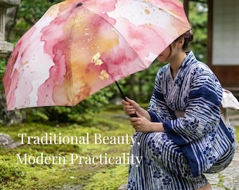 Japanese Pink Gold Watercolor Umbrella | Folding Art Umbrella | Elegant Gold Leaf Design | Luxury Gift for Her | Modern Japandi Style