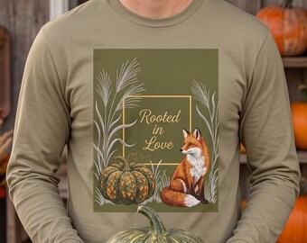 Japandi Autumn Fox Long Sleeve Shirt, Matching Family Fall T-Shirt, Thanksgiving Couples Graphic Tee, Rooted in Love Dad Gift
