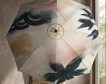 Modern Japandi Folding Umbrella | Japanese Indigo Watercolor Art | Wabi Sabi Gift for Her | Botanical Rain Umbrella | Zen Garden Style