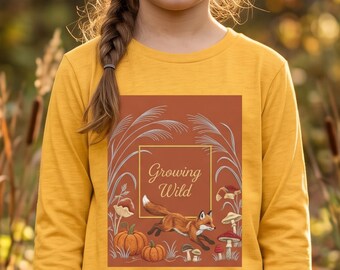 Japandi Autumn Fox Youth Long Sleeve Tee, Matching Family Fall Shirt, Thanksgiving Kids Cute Graphic Clothes, Growing Wild Gift