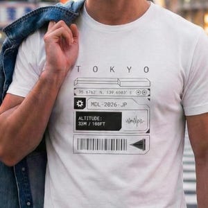 Koszulka Tokyo Coordinates, Cyberpunk Streetwear Techwear, Koszulka graficzna, Futurystyczny kod kreskowy, Koszulka japońska, miejska, minimalistyczna, unisex, prezent