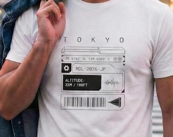 Tokyo Coordinates T-shirt Cyberpunk Streetwear Techwear Graphic Tee Futuristic Barcode Data Shirt Japanese Urban Minimalist Unisex Gift