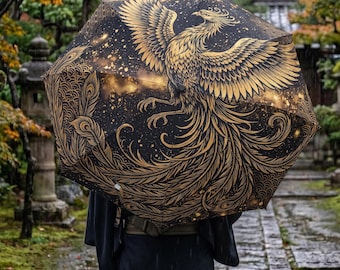 Japanese Phoenix Umbrella, Gold Black Japandi Art Compact Rain Parasol, Cyberpunk Wabi Sabi Streetwear Unique Gift for Japan Lovers