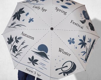 Japanese Four Seasons Folding Umbrella | Indigo Blue Washi Art | Minimalist Zen Gift | Sakura Maple Bamboo Design | Japan Travel Accessory