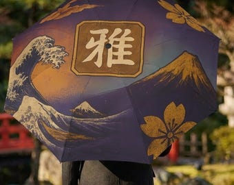 Purple Gold Ukiyo-e Umbrella, Japanese Luxury Gift, Hokusai Wave Art, Fuji Sakura Design, Elegant Art Collector Gift