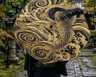 Japanese Golden Koi Fish Folding Umbrella | Autumn Maple Leaf Art | Ukiyo-e Wave Design | Good Luck Gift for Men | Zen Garden Aesthetic Styl