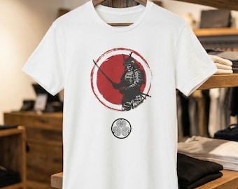 Samurai shirt, Japanse streetwear, Katana graphic tee, vintage Bushido T-shirt, rode zon, Japanse kleding, Tokugawa wapenkunst.