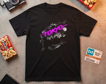 Tokyo Cyberpunk T-shirt | Japanse Ink Wash Streetwear | Neon Vaporwave Esthetisch T-shirt | Japan Reiscadeau | Synthwave Skyline