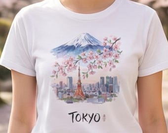 Tokyo Mount Fuji T-shirt | T-shirt met Japanse aquarelkunst | Kersenbloesem Sakura T-shirt | Japan reis souvenir | Tokyo Tower Graphic T-shirt