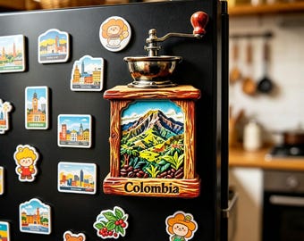 Imán 3D de molinillo de café colombiano, recuerdo de resina pintado a mano, decoración rústica de cocina.