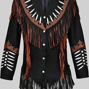 Western Sheep Leather Jacket Women Cow-lady Native American Beaded & Fringe Coat