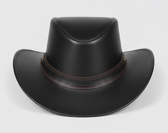 Sombrero vaquero de cuero negro de ala ancha para hombre