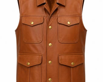 Chaleco utilitario de piel marrón para hombre / Chaleco vaquero occidental hecho a mano