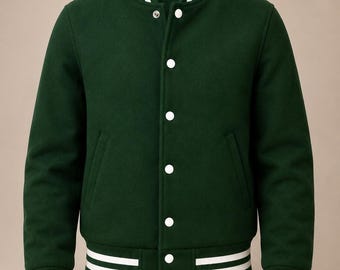 Chaqueta universitaria de lana verde oscuro / Abrigo bomber de béisbol estilo Letterman para hombre