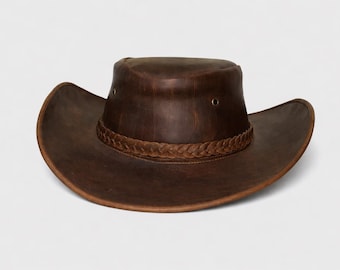 Sombrero de vaquero de cuero desgastado, vintage, australiano, hecho a mano, unisex, trenzado