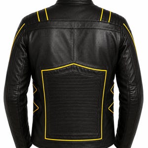 May include: Black leather jacket with yellow detailing. The jacket has a stand-up collar, quilted shoulder panels, and yellow trim outlining the seams and back panel. The back panel has a ribbed design.