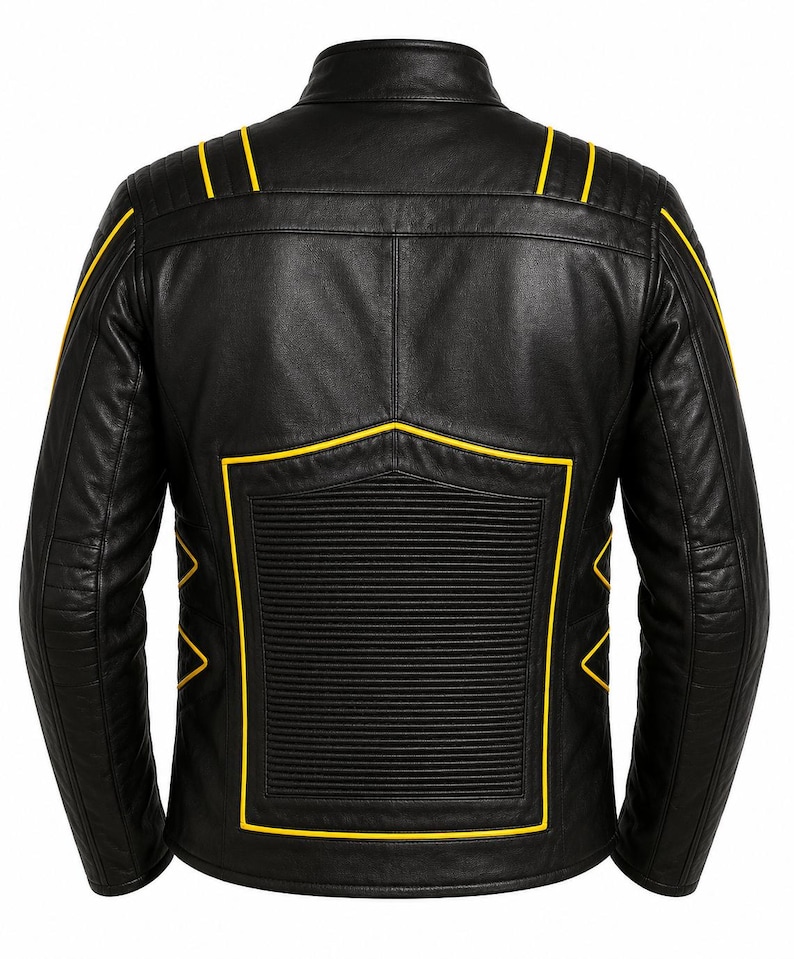 May include: Black leather jacket with yellow detailing. The jacket has a stand-up collar, quilted shoulder panels, and yellow trim outlining the seams and back panel. The back panel has a ribbed design.