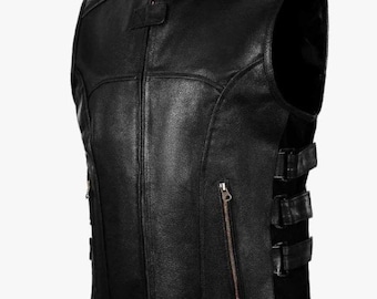 Chaleco de cuero negro para hombre estilo motero: chaleco con hebilla lateral para motociclista.
