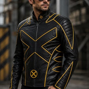 May include: Black leather jacket with yellow detailing. The jacket has a zip closure and a distinctive yellow 'X' design across the front and back. Additional yellow accents are on the shoulders and sleeves. A circular emblem is on the chest.