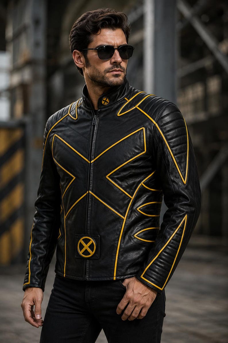 May include: Black leather jacket with yellow detailing. The jacket has a zip closure and a distinctive yellow 'X' design across the front and back. Additional yellow accents are on the shoulders and sleeves. A circular emblem is on the chest.